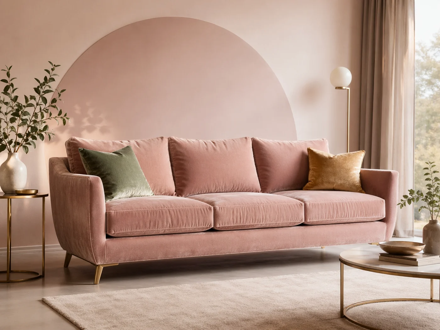 Luxury dusty rose velvet sofa in a refined living room