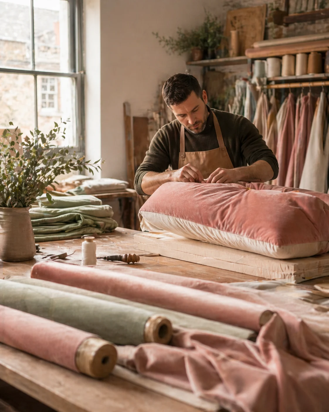 VelvetHome upholstery workshop with artisan crafting a cushion